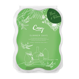 Packaging of Cosy Aromas Summer Days 100g wax melt with illustrations of plants and a wax warmer, and text detailing the product name and scent.