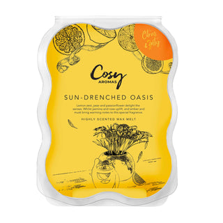 Packaging of Cosy Aromas Sun-Drenched Oasis wax melt with illustrations of fruits and flowers, and text detailing the product name and scent.
