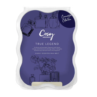A packaged wax melt snap bar with 'True Legend' fragrance from Cosy Aromas, with illustrations of perfume bottles and a plant.