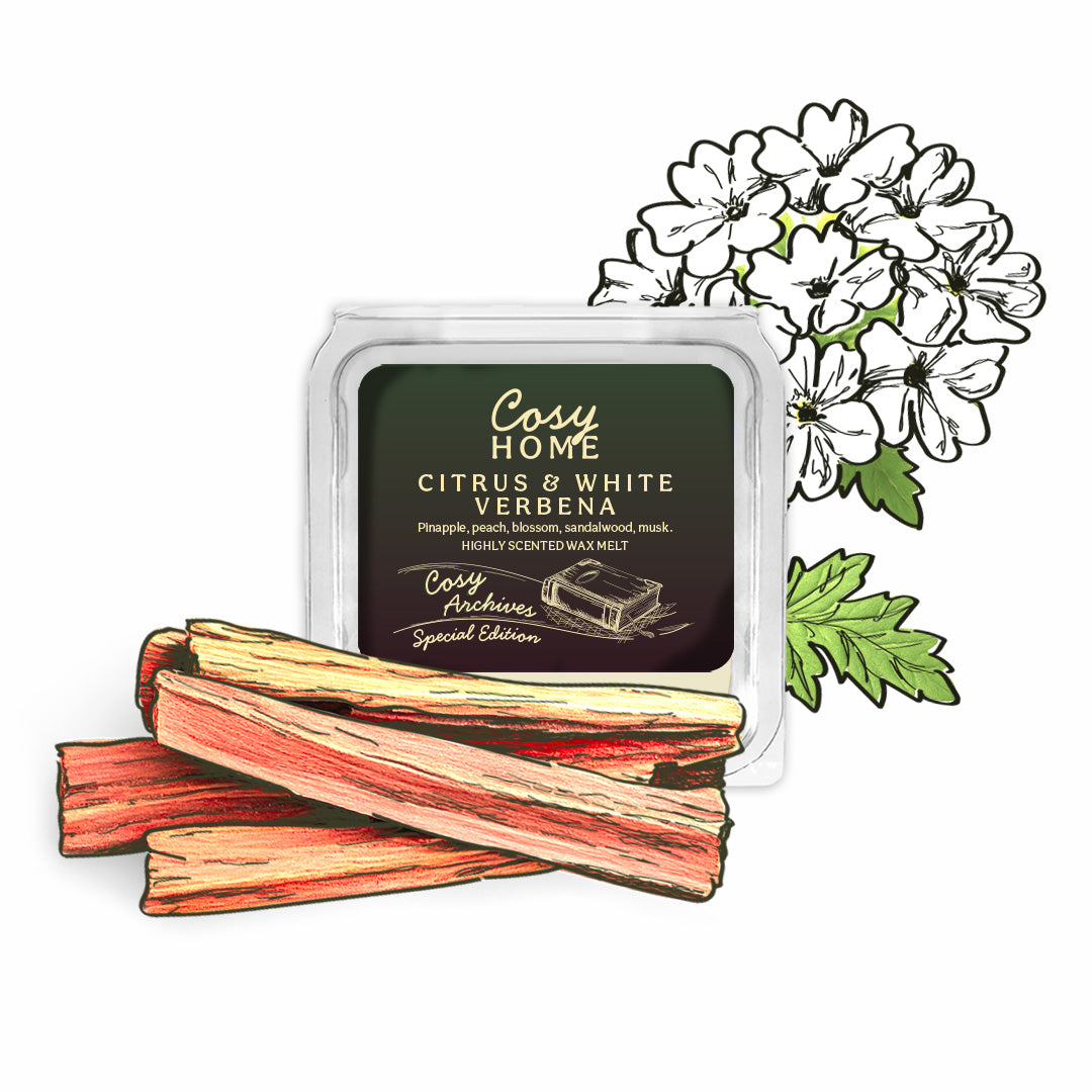Cosy Home wax melt packaging with rhubarb illustration and floral design.