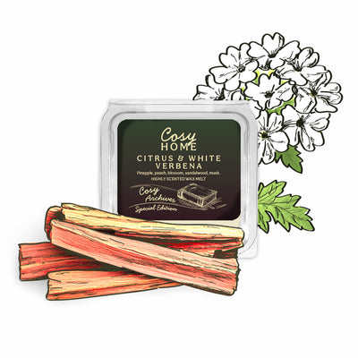 Cosy Home wax melt packaging with rhubarb illustration and floral design.