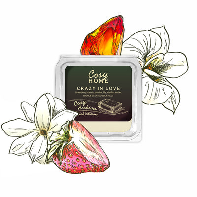 Cosy Home wax melt with strawberry and crystal design on a white background