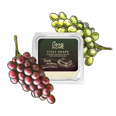 Cosy Home Fizzy Grape wax melt with illustrations of grapes on a white background