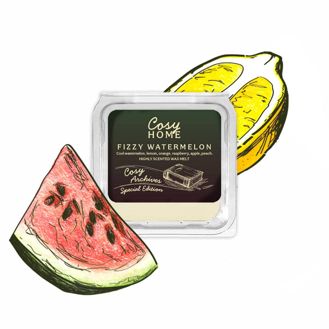 Cosy Home Fizzy Watermelon wax melt with watermelon and lemon illustrations on a white background