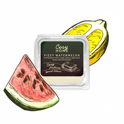 Cosy Home Fizzy Watermelon wax melt with watermelon and lemon illustrations on a white background