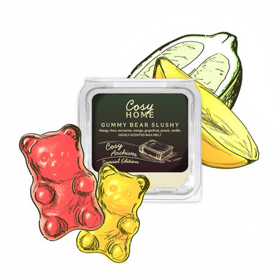 Wax melts shaped like gummy bears with a branded container on a white background