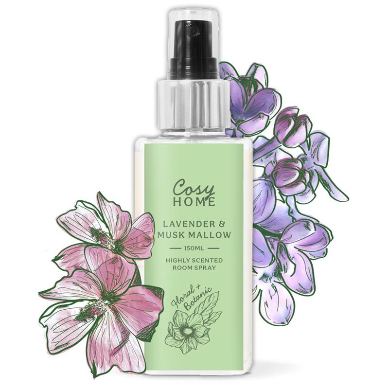 Cosy Home lavender and musk mallow room spray with floral illustrations on a white background