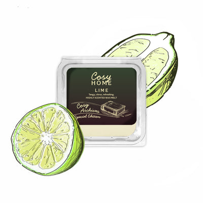 Cosy Home lime-scented wax melt with illustrations of limes on a white background