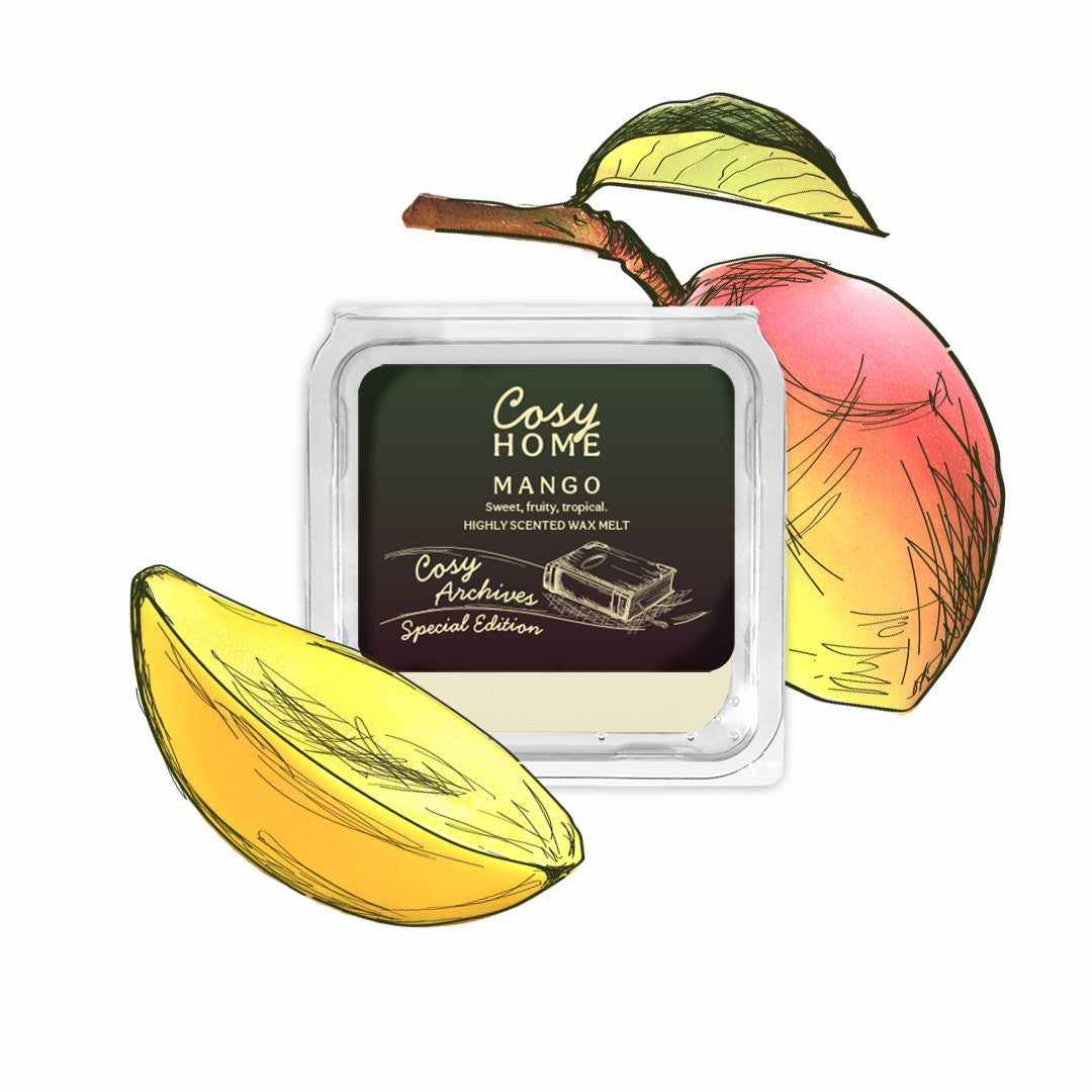 Cosy Home Mango wax melt with illustrations of a mango and peach on a white background