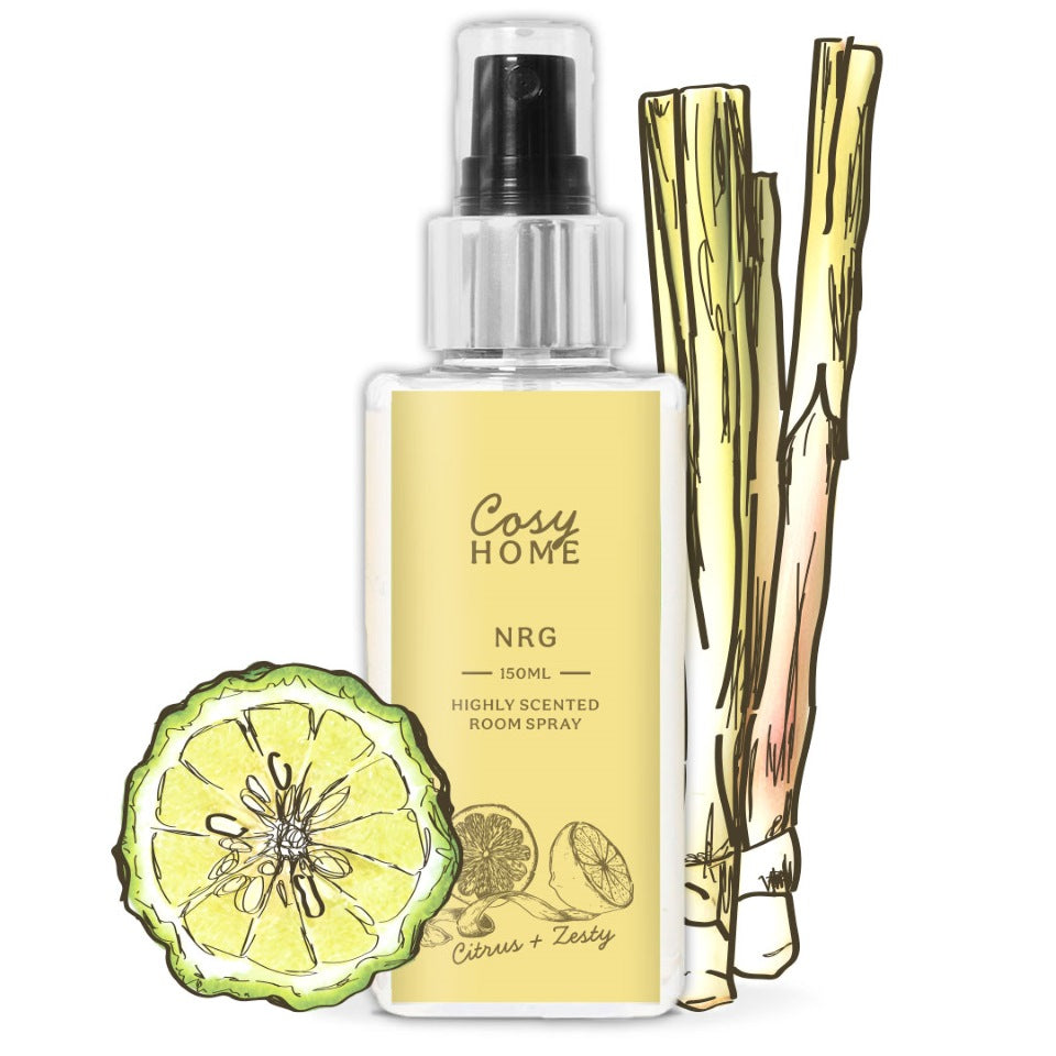 Room spray bottle with lemon design and 'Cosy Home' branding on a white background