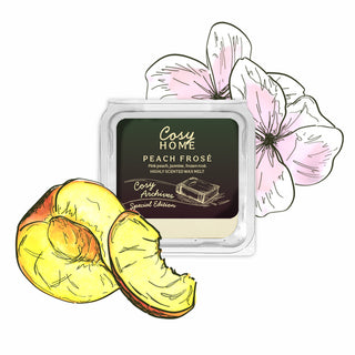 Cosy Home Peach Rosé wax melt with illustrations of a peach and flowers on a white background