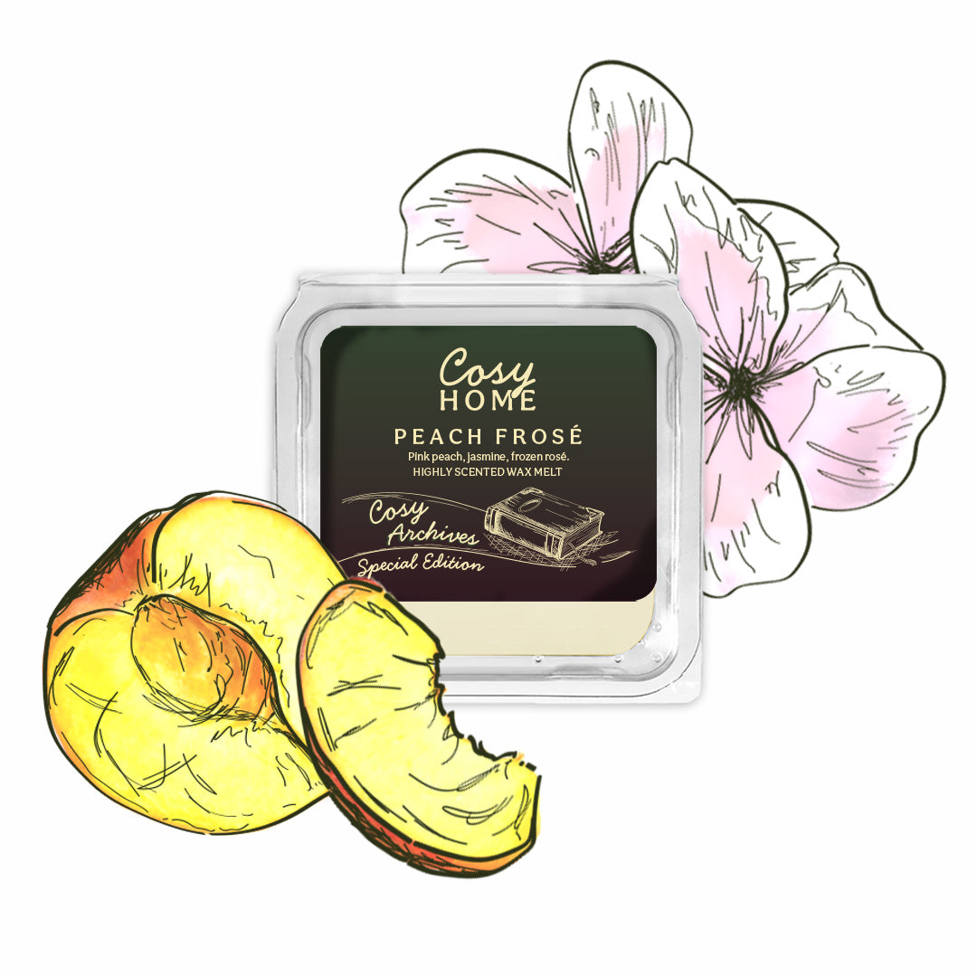 Cosy Home Peach Rosé wax melt with illustrations of a peach and flowers on a white background