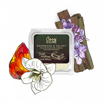 Cosy Home wax melt packaging with illustrations of flowers and wood on a white background