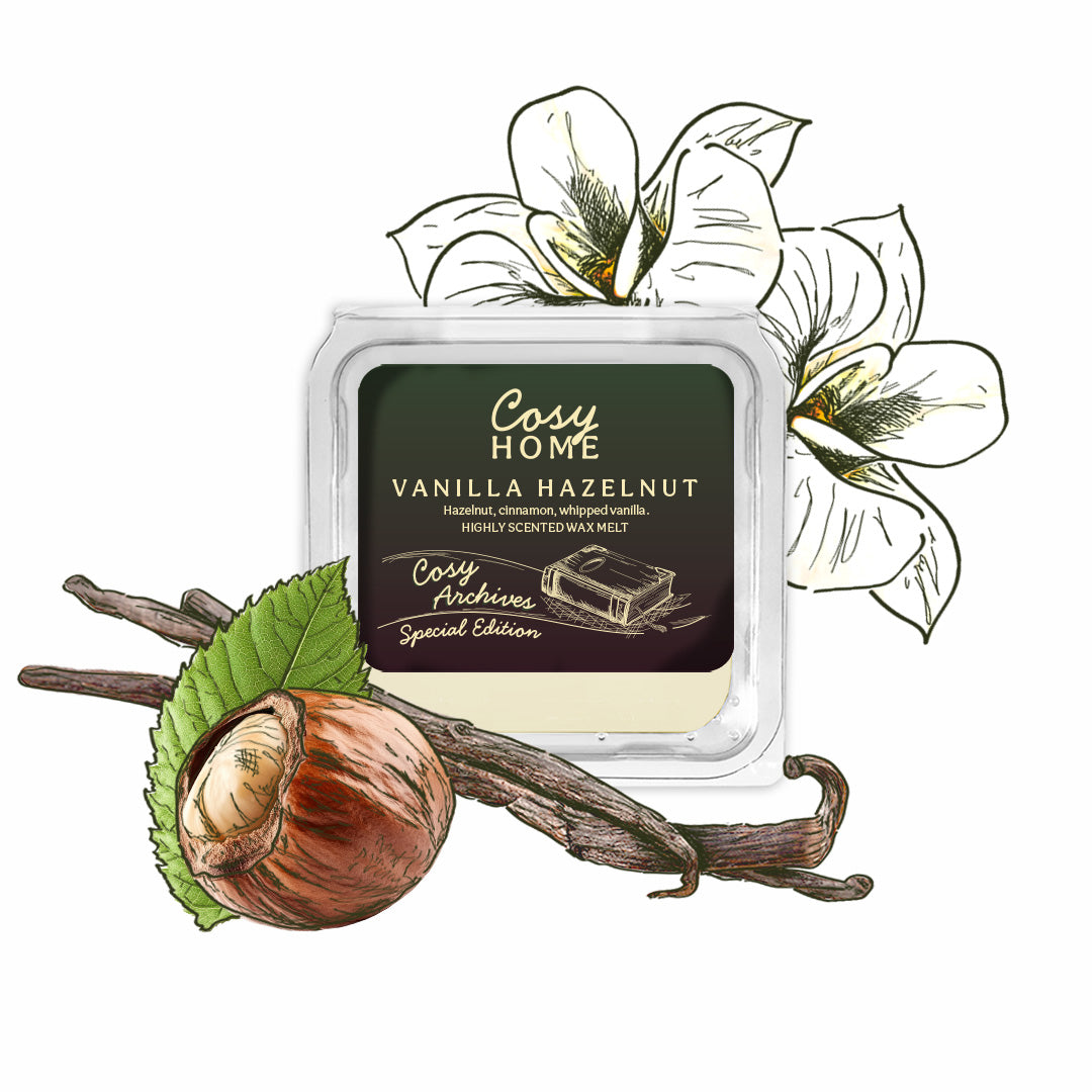 Cosy Home Vanilla Hazelnut wax melt with illustrations of vanilla, hazelnut, and flowers on a white background.