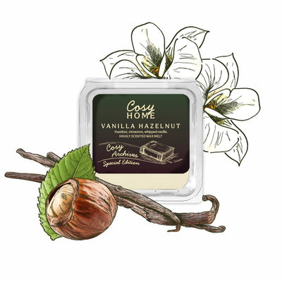 Cosy Home Vanilla Hazelnut wax melt with illustrations of vanilla, hazelnut, and flowers on a white background.