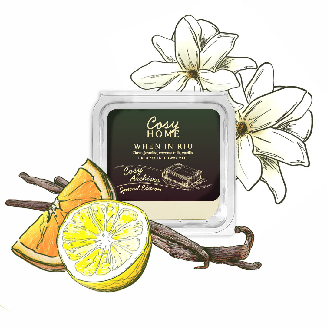 Cosy Home wax melt with vanilla beans, lemon, and pineapple illustration on a white background