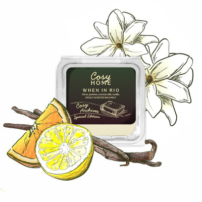 Cosy Home wax melt with vanilla beans, lemon, and pineapple illustration on a white background